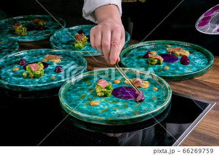 Chef decorates the salmon cooked using sous vide technology with liquid french fries and spheres Chef decorates the salmon cooked using sous vide technology with liquid french fries and spheres 66269759