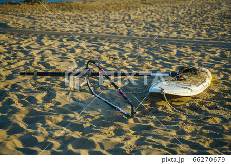 Surfboard on sandy beach on summer 66270679
