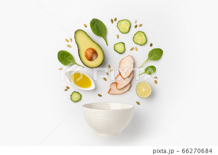 Creative composition with salad ingredients and ceramic bowl Creative composition with salad ingredients and ceramic bowl 66270684