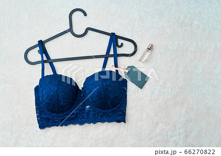 Dark blue female bra in underwear store. 66270822