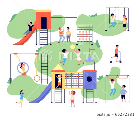 Children playground. Group happy kids. Kindergarten outdoor activity. Vacation, friends game in park. Swing and slide vector illustration 66272331