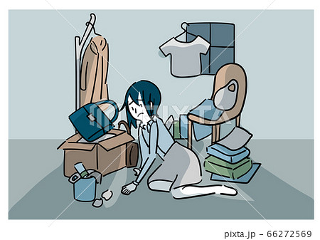 散らかった部屋の中で途方に暮れる女性のイラスト。 66272569