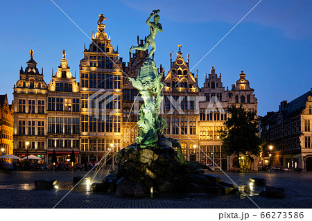 Antwerp Grote Markt with famous Brabo statue and fountain at night, Belgium 66273586