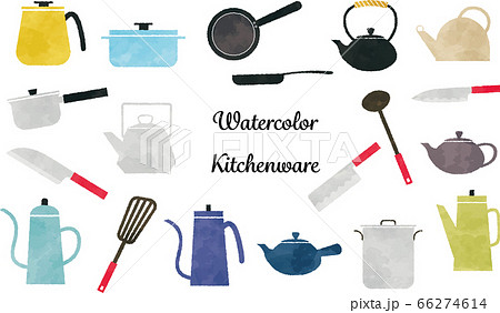 水彩手描き風 かわいい台所の調理器具のイラストセットのイラスト素材