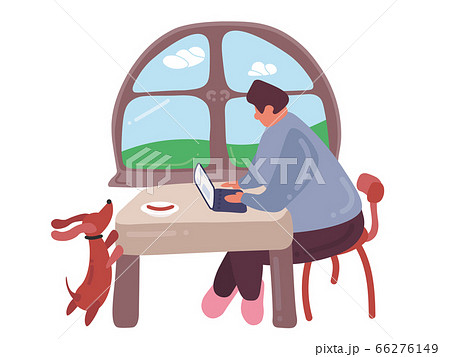 cartoon businessman sitting infront of his laptop at home during quarantine. 66276149