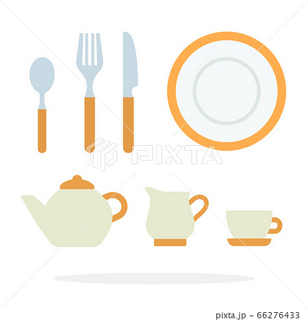 Dinnerware with orange piping and tea service vector flat isolated Dinnerware with orange piping and tea service vector flat isolated 66276433