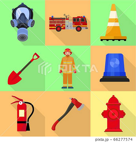 Firefighter equipment icon set, flat style Firefighter equipment icon set, flat style 66277574