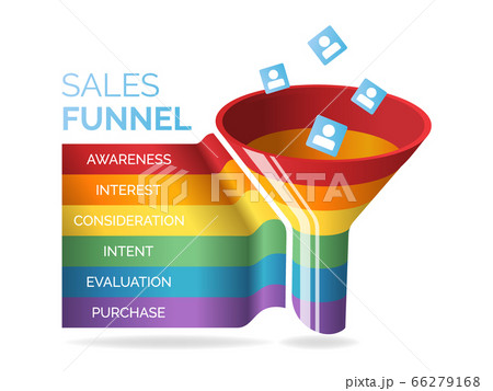 Business infographics with six stages of sales funnel on white background, vector illustration. Internet and social media marketing 66279168