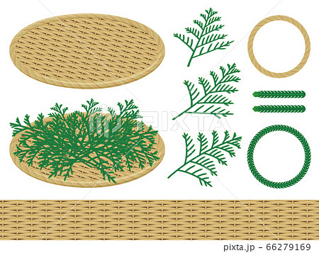竹ザルと敷き葉のイラスト素材セット ヒバ 海鮮盛り付けのイラスト素材