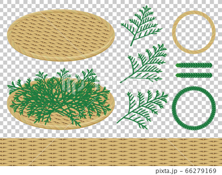 竹ザルと敷き葉のイラスト素材セット ヒバ 海鮮盛り付けのイラスト素材