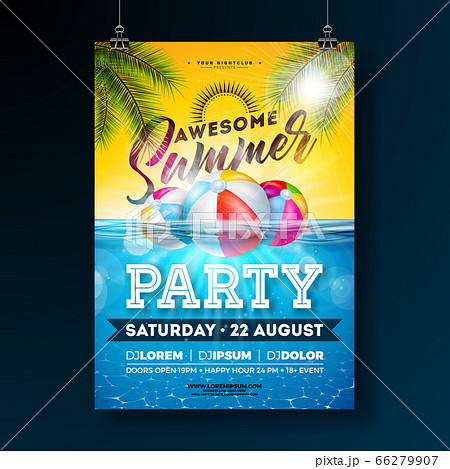 Summer Pool Party Poster Design Template with Palm Leaves, Water and Beach Ball on Blue Underwater Ocean Background. Vector Holiday Illustration for Banner, Flyer, Invitation, Poster. 66279907