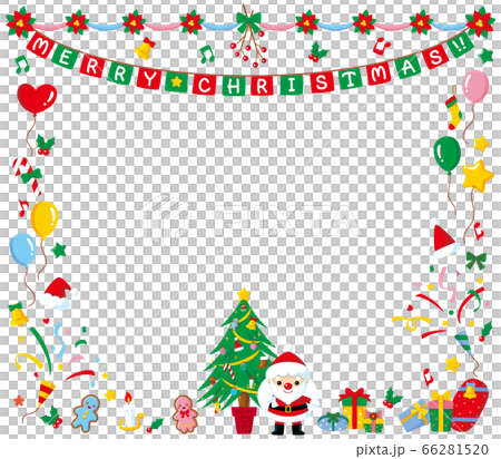クリスマス文字入りフレーム サンタとツリー Merry Christmas のイラスト素材