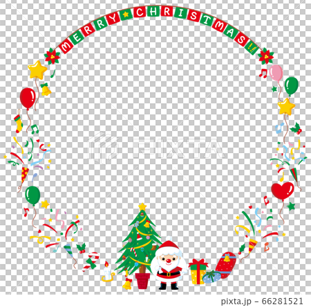 クリスマス文字入りサークルフレーム サンタとツリー Merry Christmas のイラスト素材