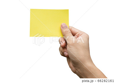 Hand holding yellow paper isolated on white with Hand holding yellow paper isolated on white with 66282161