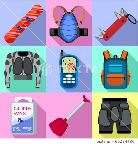 Snowboarding tools icon set, flat style Snowboarding tools icon set, flat style 66284430
