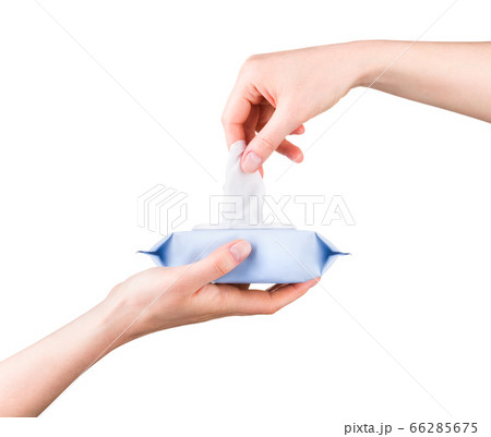 Woman hand use antibacterial wet wipes or tissue isolated on a white background 66285675