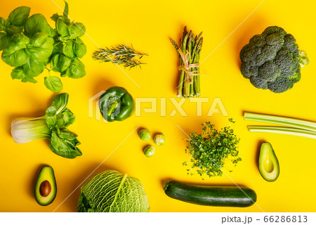 Top view healthy raw green vegetables and greenery 66286813
