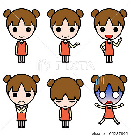アイコン風人物 お団子ヘア ツイン の幼い女の子の様々なポーズのイラスト素材