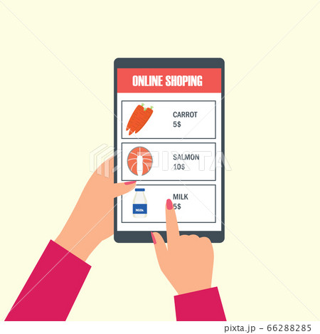 hand holding cellphone for online shopping groceries. vector illustration hand holding cellphone for online shopping groceries. vector illustration 66288285