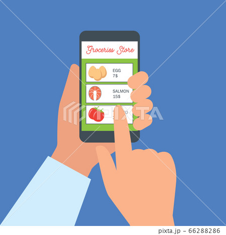 hand holding cellphone for online shopping groceries. vector illustration 66288286