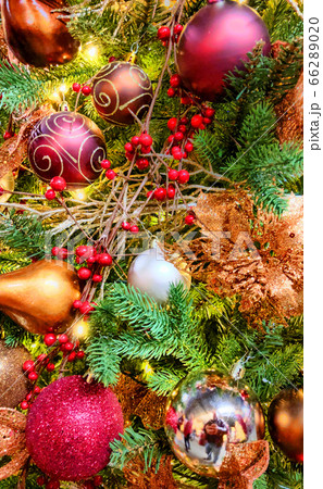 Close up of beautifully decorated Christmas ornament decorations in a Christmas tree 66289020