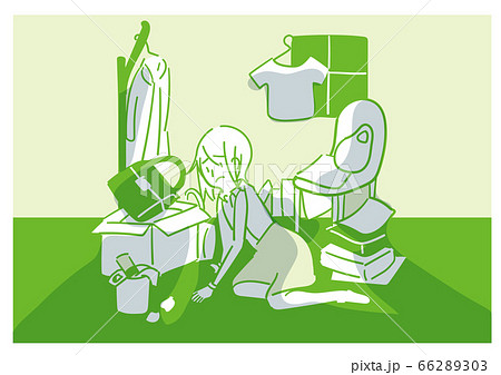 散らかった部屋の中で途方に暮れる女性のイラスト のイラスト素材