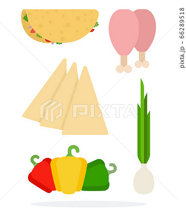 Red, green and yellow peppers, chicken legs, cheese slices, green onions and Mexican tacos 66289518