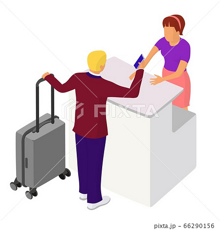 Two people interact near the reception or counter 66290156