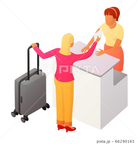 Two people interact near the reception or counter Two people interact near the reception or counter 66290165