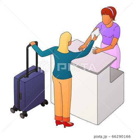 Two people interact near the reception or counter Two people interact near the reception or counter 66290166