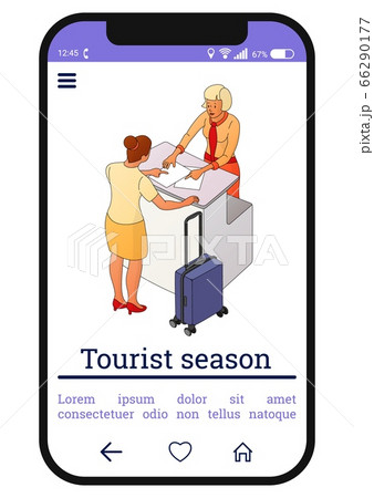 Two people interact near the reception or counter 66290177