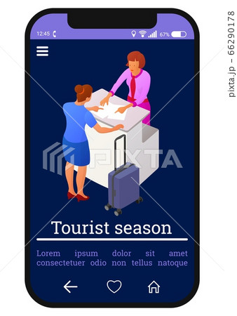 Two people interact near the reception or counter 66290178