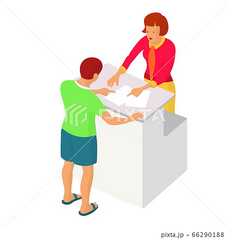 Two people interact near the reception or counter 66290188