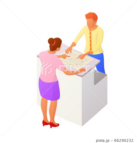 Two people interact near the reception or counter Two people interact near the reception or counter 66290232