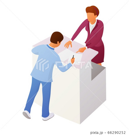 Two people interact near the reception or counter 66290252
