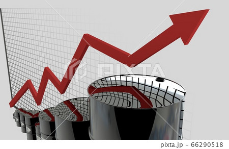 oil barrels and a financial chart on white background. price up. 3d rendering 66290518