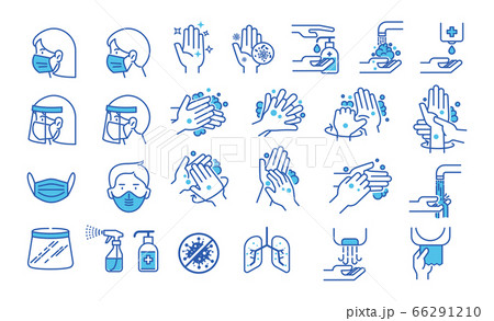 Set of hand washing icons in thin line style. Hygiene icons. The icons as hand wash, soap, alcohol, detergent, anti bacterial and mask. Vector illustrations. 66291210