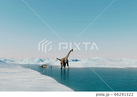 Dinosaur. Prehistoric snow landscape, ice valley with Dinosaurs. Arctic view. 3d rendering Dinosaur. Prehistoric snow landscape, ice valley with Dinosaurs. Arctic view. 3d rendering 66291322