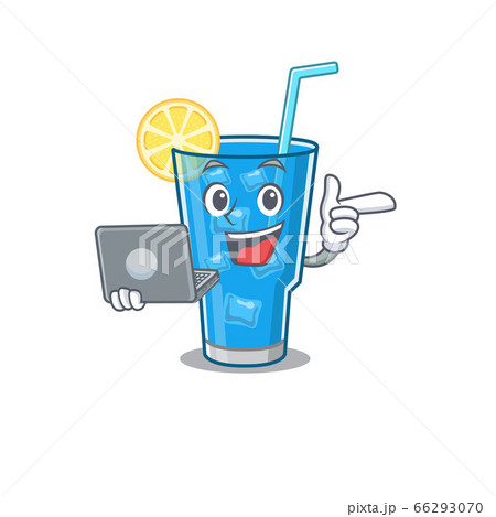 Smart cartoon character of blue lagoon cocktail studying at home with a laptop Smart cartoon character of blue lagoon cocktail studying at home with a laptop 66293070