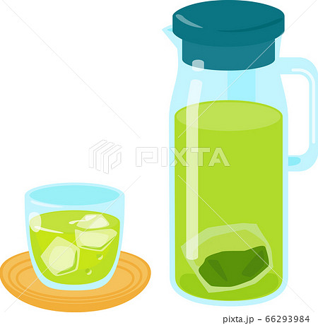 グラスとポット入りの水出し緑茶のイラスト素材
