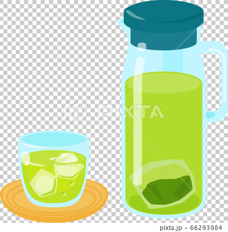 グラスとポット入りの水出し緑茶のイラスト素材
