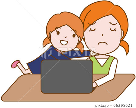 在宅ワークをする女性と無邪気に邪魔する女の子のイラスト素材