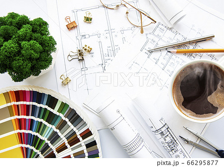 Architect workplace top view 66295877