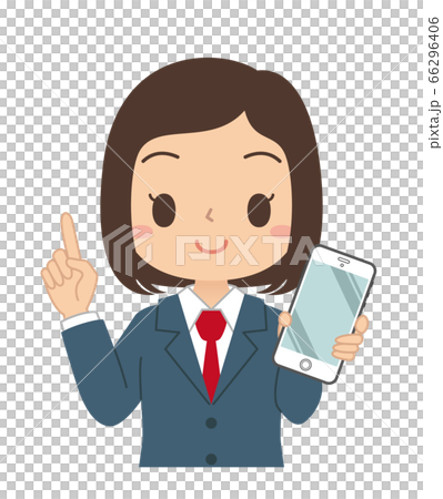 指差しポーズでスマホを持つ女子学生のイラスト素材