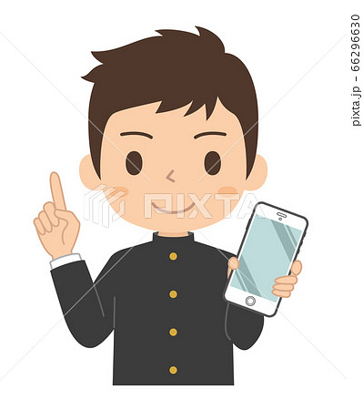 指差しポーズでスマホを持つ男子学生 66296630