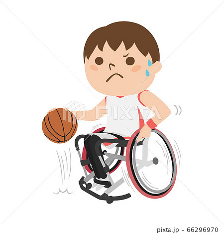 車いすバスケットボール選手のイラスト 汗だくでプレーしてる若い男性 のイラスト素材