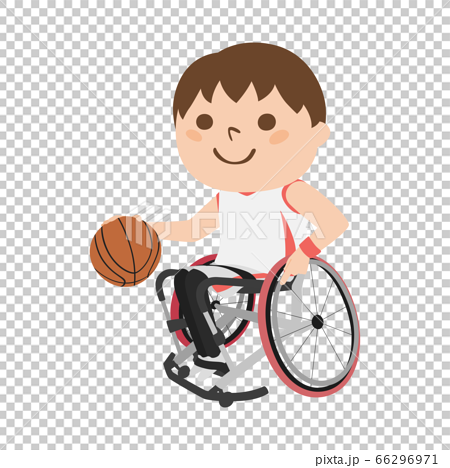 車いすバスケットボール選手のイラスト 笑顔でプレーしてる若い男性 のイラスト素材