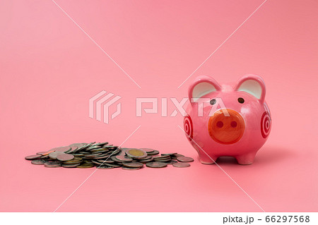 Pink piggy bank on pastel pink background, Pink piggy bank on pastel pink background, 66297568