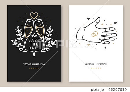 Wedding invitation card template. Vector Thin line geometric. Outline icon for save the date invitation card. Modern minimalist design with rings, champagne glass, leaf, flowers Wedding invitation card template. Vector Thin line geometric. Outline icon for save the date invitation card. Modern minimalist design with rings, champagne glass, leaf, flowers 66297859