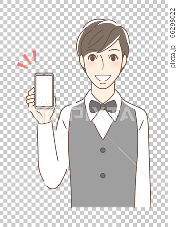 A man facing the front showing a smartphone screen with a smile A man facing the front showing a smartphone screen with a smile 66298022